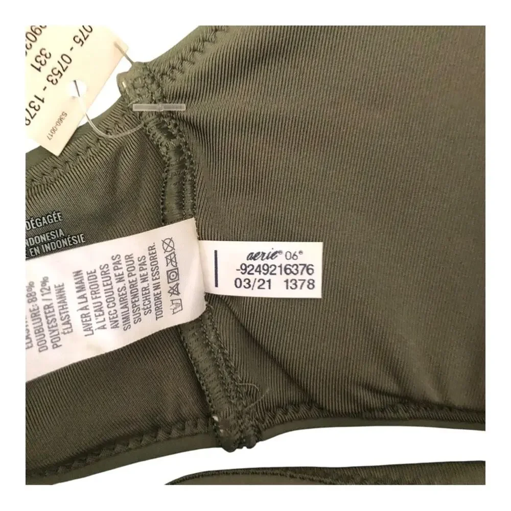 Aerie NWT Wide Strap Scoop Bikini Top Olive Fin Green Removable Pads Small